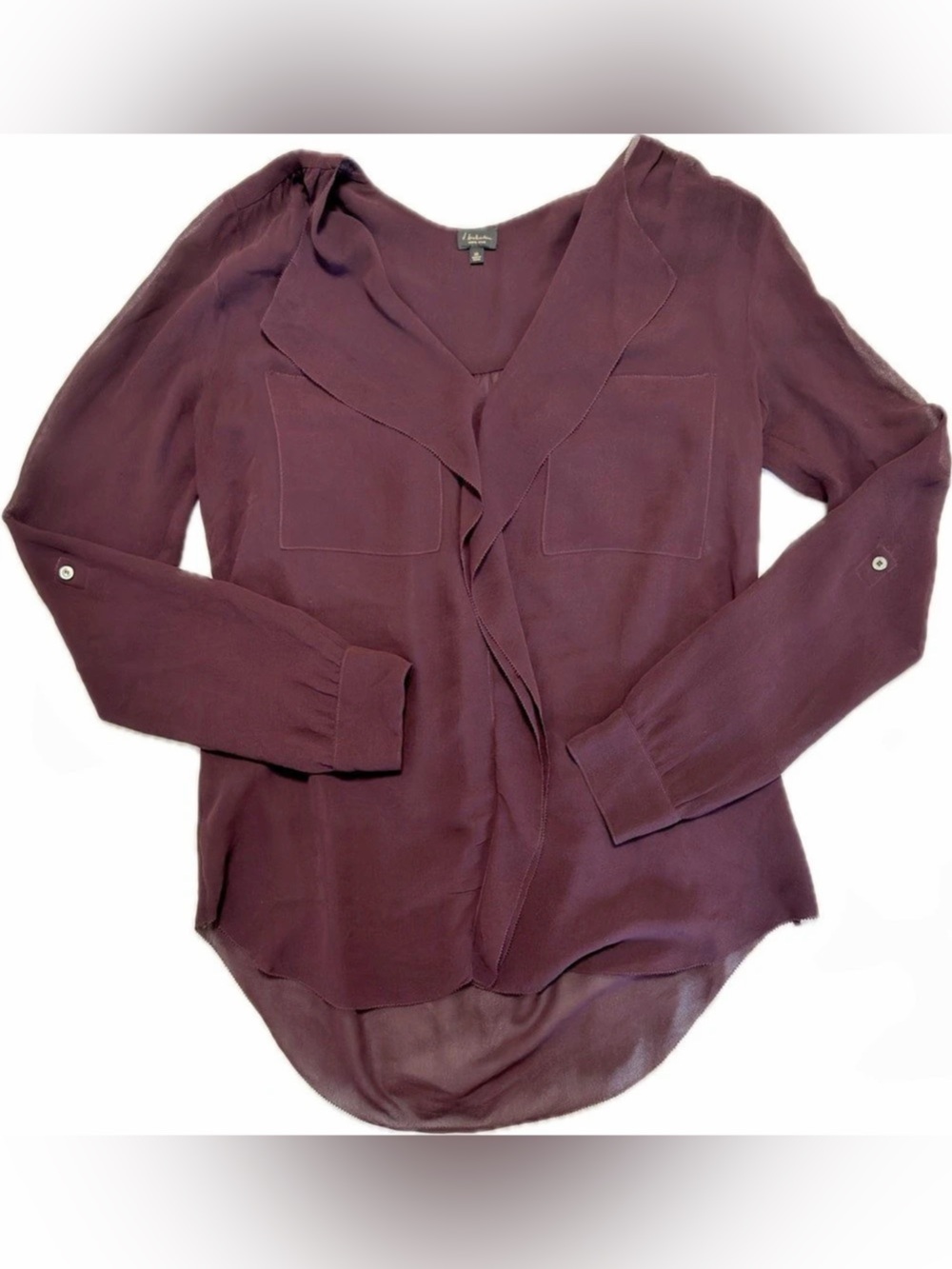 T.Babaton Aritzia 100% Silk Burgundy Ruffle Front Blouse XS Sheer